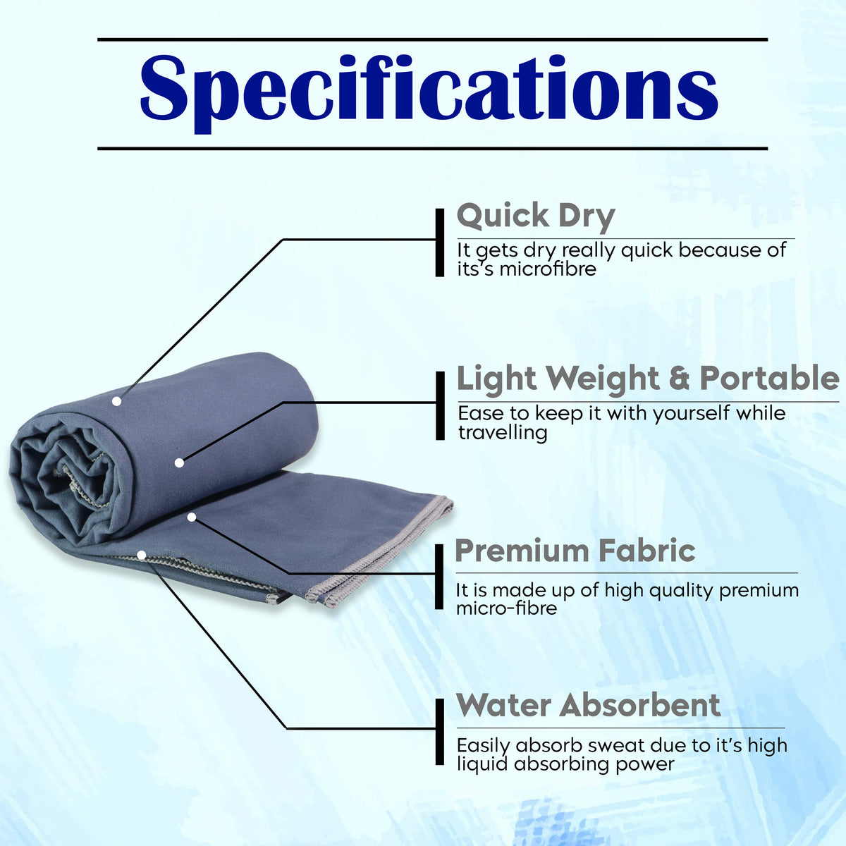 Microfibre Travel Towel- Navy Blue - Hover Image