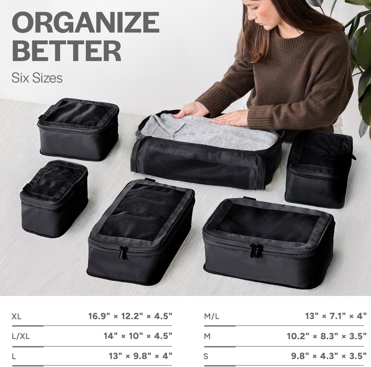 Compression Packing Cubes Set Nylon with Breathable Mesh Top (6 Piece, Black)