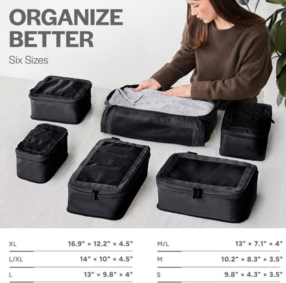 Compression Packing Cubes Set Nylon with Breathable Mesh Top (6 Piece, Black)