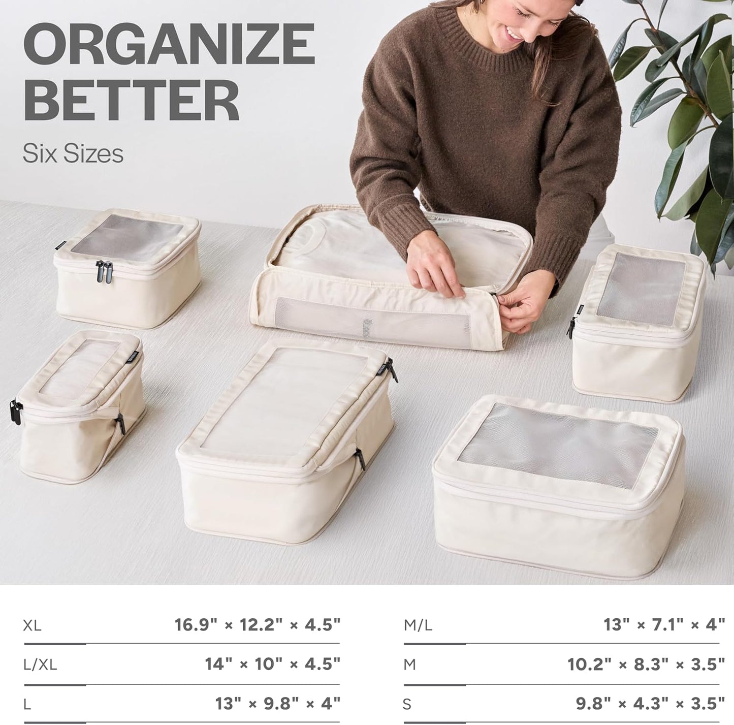 Compression Packing Cubes Set Nylon with Breathable Mesh Top (6 Piece, Beige)