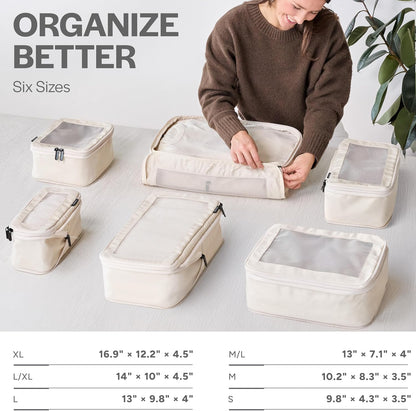 Compression Packing Cubes Set Nylon with Breathable Mesh Top (6 Piece, Beige)