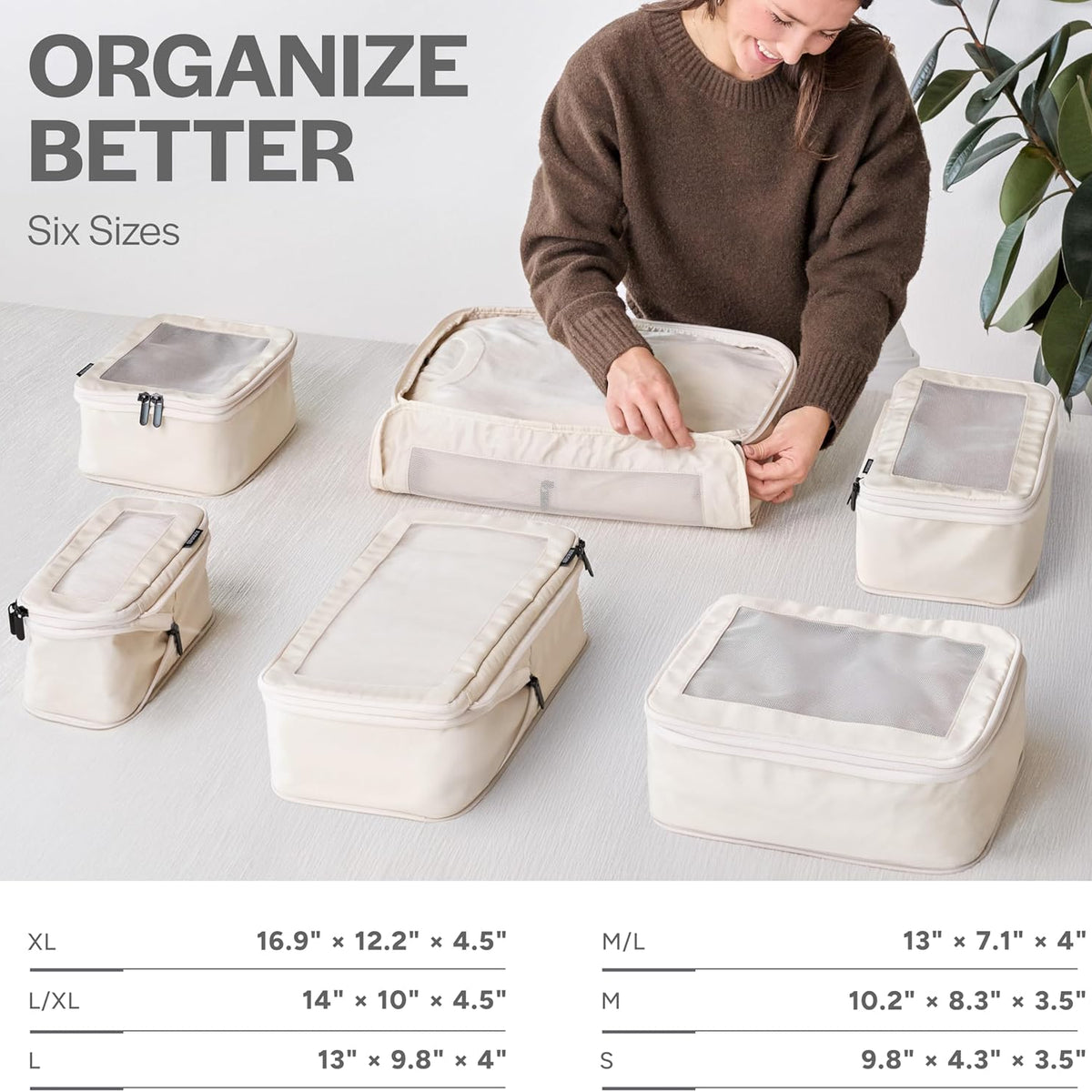 Compression Packing Cubes Set Nylon with Breathable Mesh Top (6 Piece, Beige) - Hover Image
