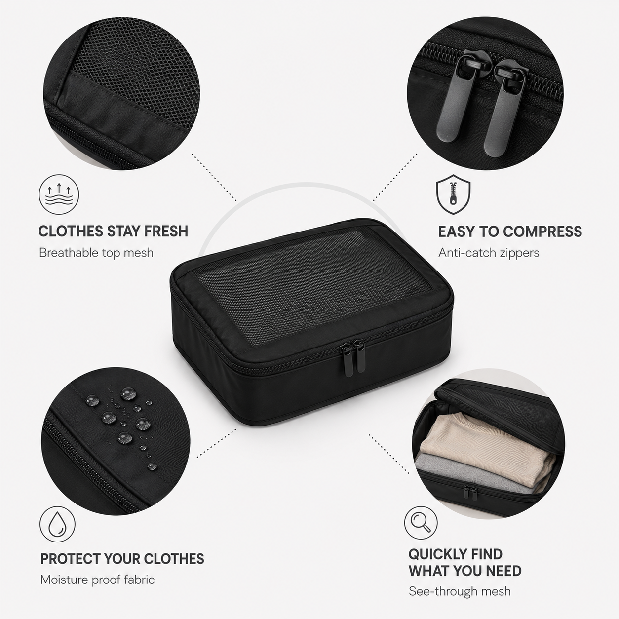 Compression Packing Cubes Set Nylon with Breathable Mesh Top (6 Piece, Black)