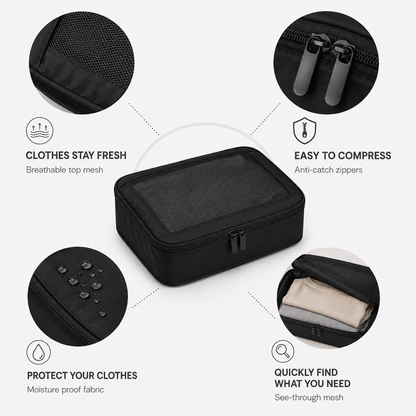 Compression Packing Cubes Set Nylon with Breathable Mesh Top (6 Piece, Black)