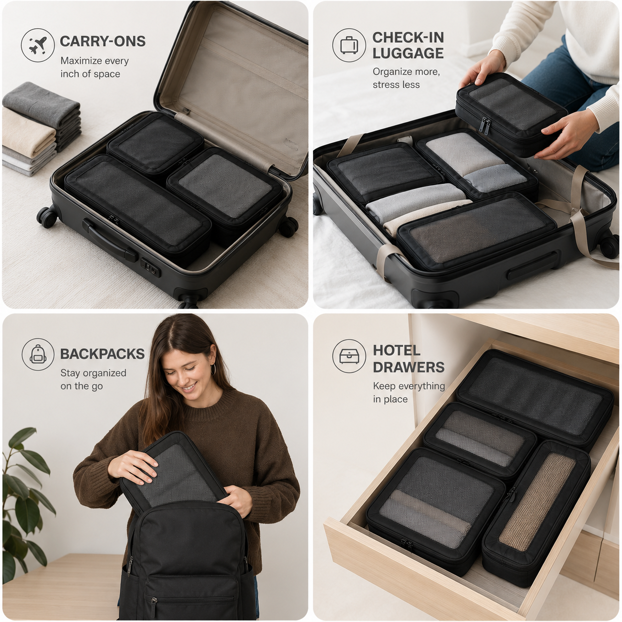 Compression Packing Cubes Set Nylon with Breathable Mesh Top (6 Piece, Black)