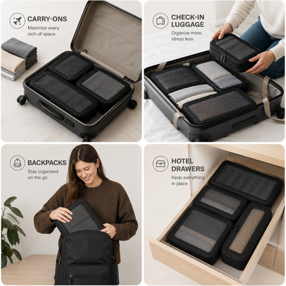 Compression Packing Cubes Set Nylon with Breathable Mesh Top (6 Piece, Black)