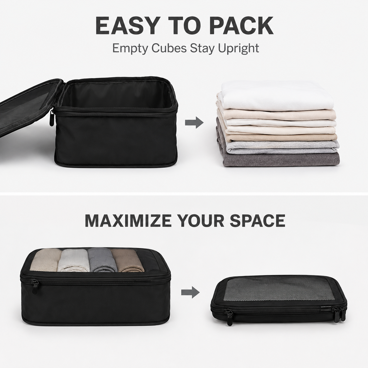 Compression Packing Cubes Set Nylon with Breathable Mesh Top (6 Piece, Black)