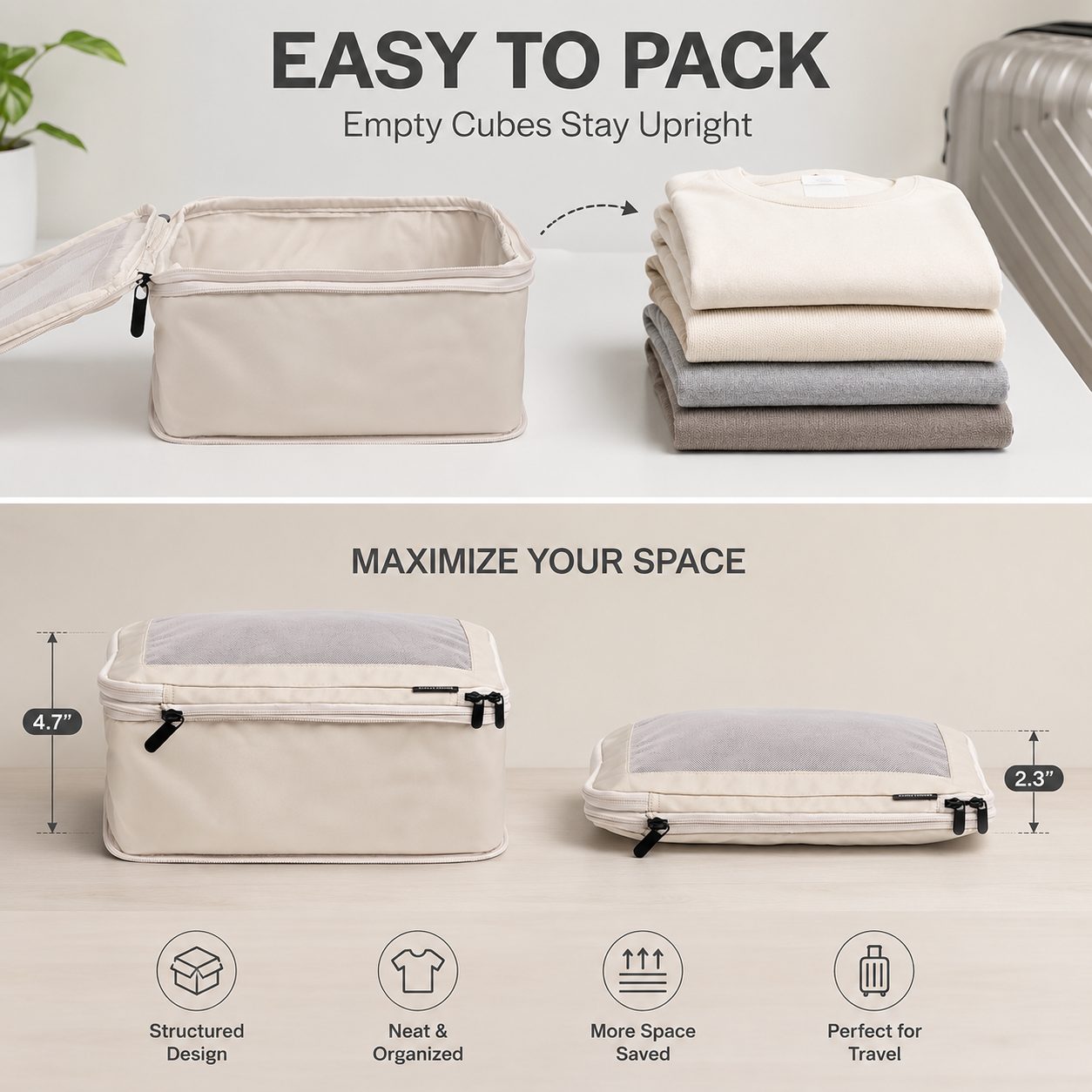 Compression Packing Cubes Set Nylon with Breathable Mesh Top (6 Piece, Beige)