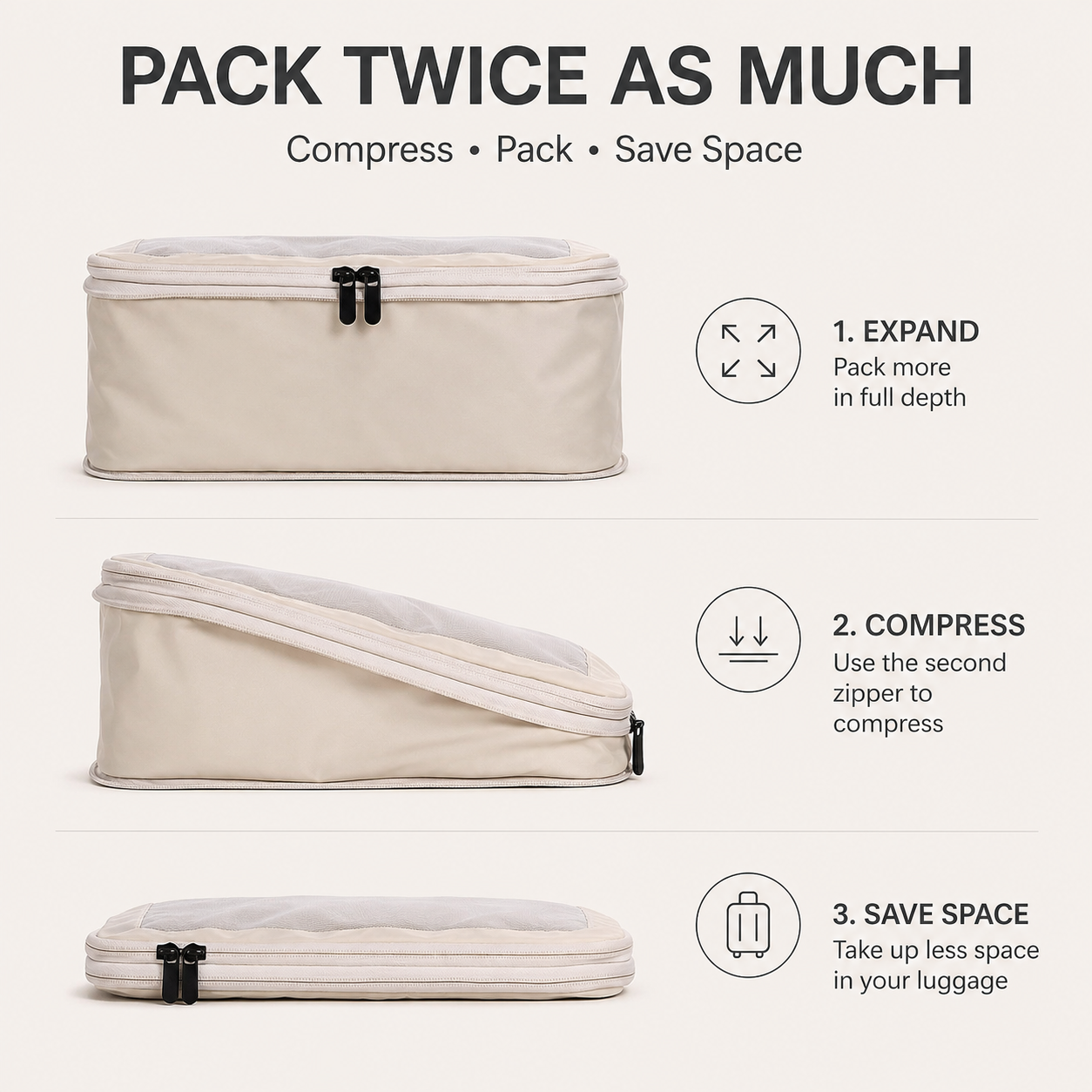 Compression Packing Cubes Set Nylon with Breathable Mesh Top (6 Piece, Beige)