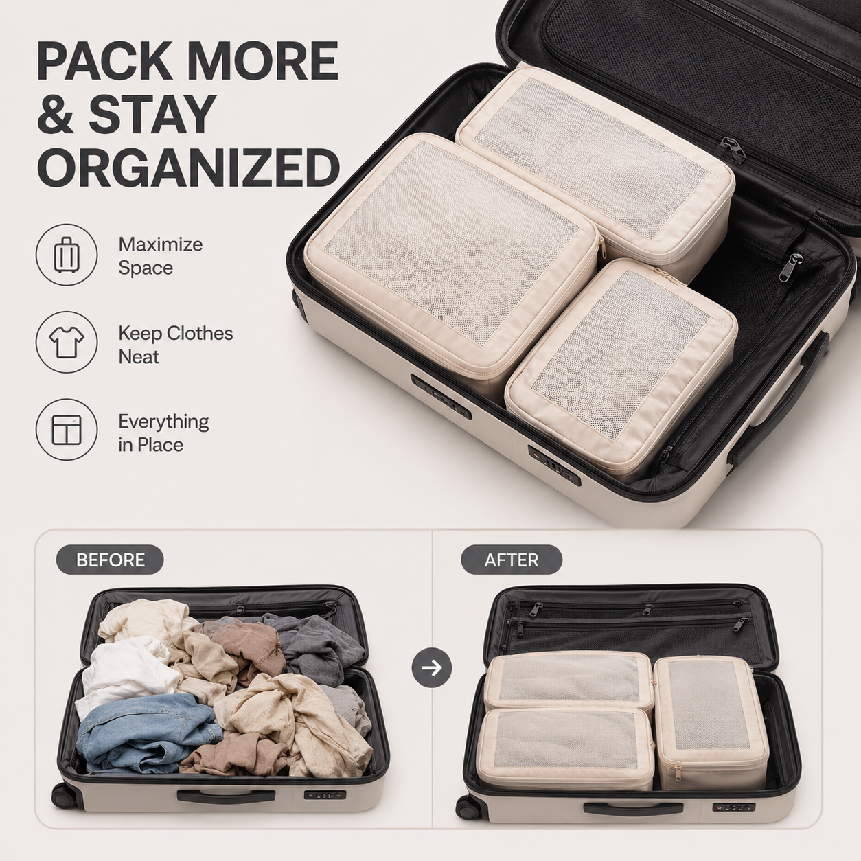 Compression Packing Cubes Set Nylon with Breathable Mesh Top (6 Piece, Beige)