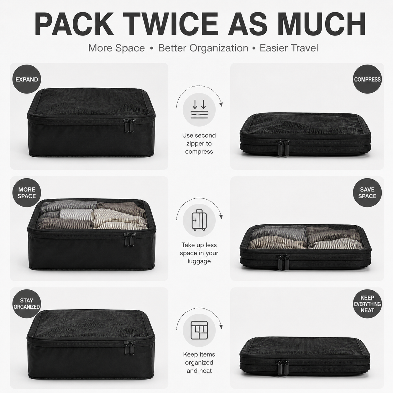 Compression Packing Cubes Set Nylon with Breathable Mesh Top (6 Piece, Black)