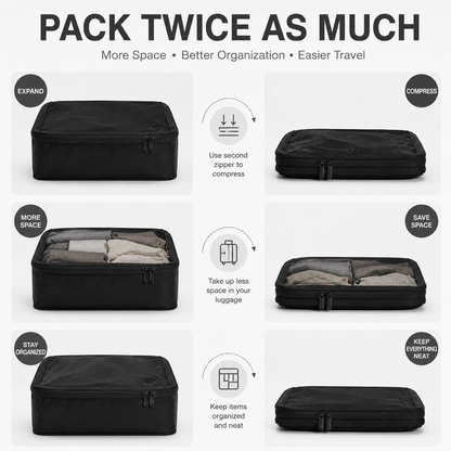 Compression Packing Cubes Set Nylon with Breathable Mesh Top (6 Piece, Black)