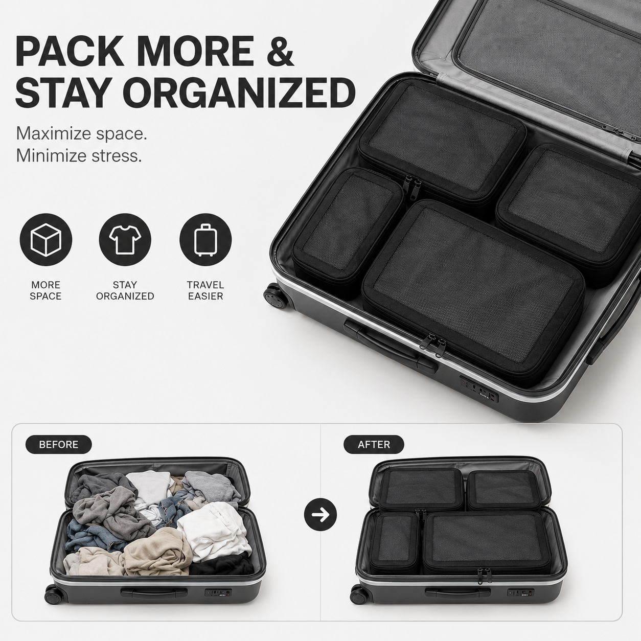 Compression Packing Cubes Set Nylon with Breathable Mesh Top (6 Piece, Black)