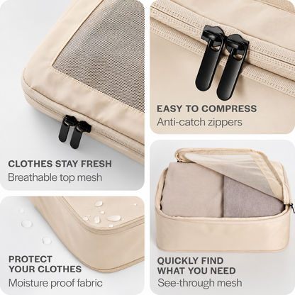 Compression Packing Cubes Set Nylon with Breathable Mesh Top (6 Piece, Beige)