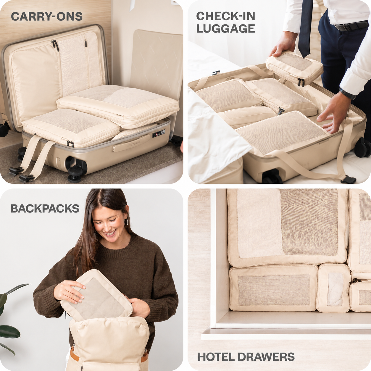 Compression Packing Cubes Set Nylon with Breathable Mesh Top (6 Piece, Beige)