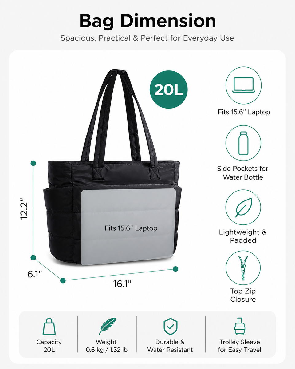 Tressential Puffer Tote Bag for Women-Black - Hover Image
