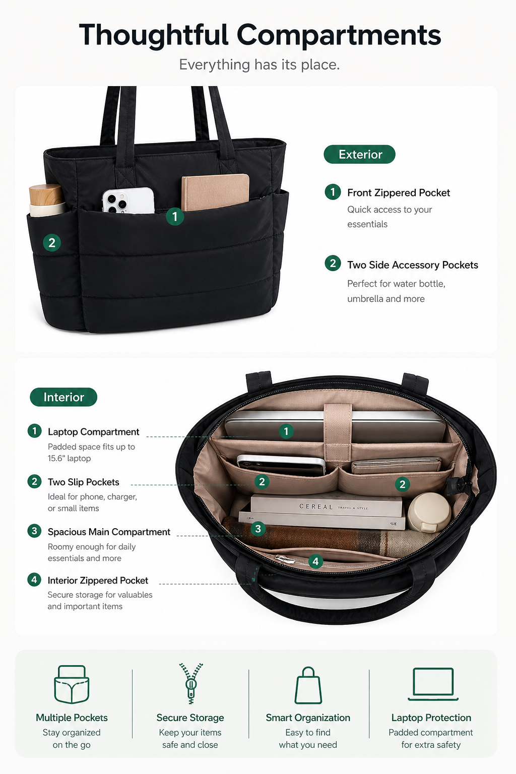 Tressential Puffer Tote Bag for Women-Black