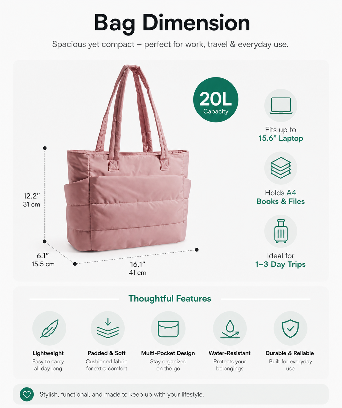 Tressential Puffer Tote Bag for Women-Pink