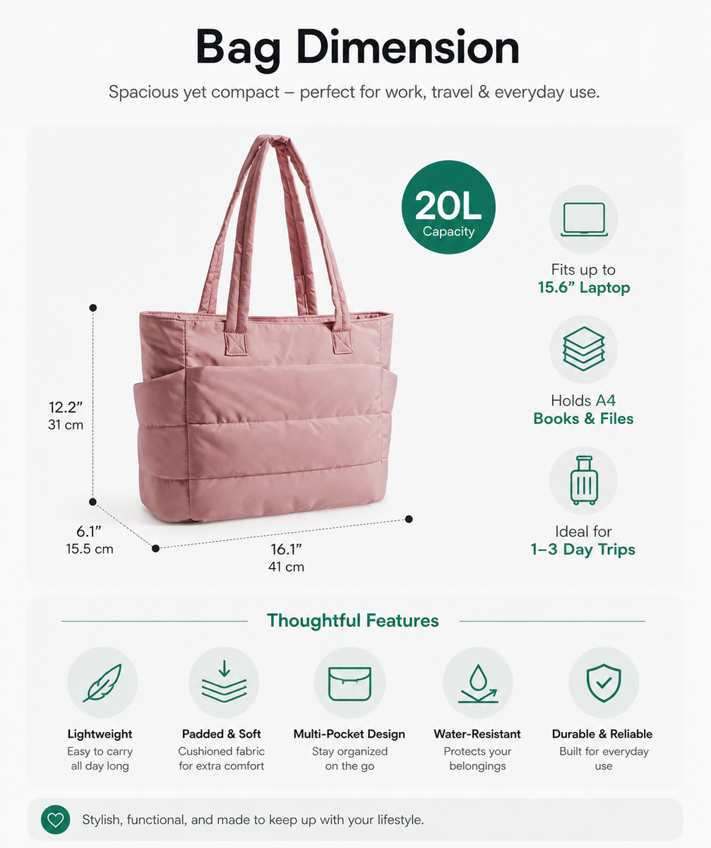 Tressential Puffer Tote Bag for Women-Pink - Hover Image