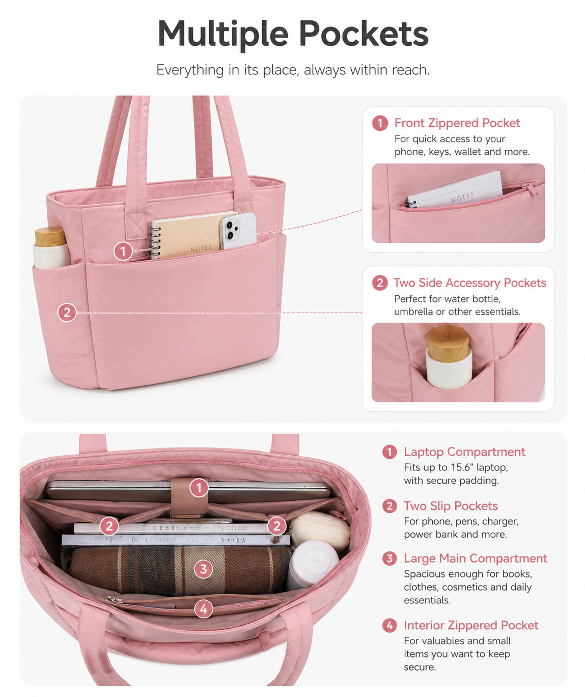 Tressential Puffer Tote Bag for Women-Pink