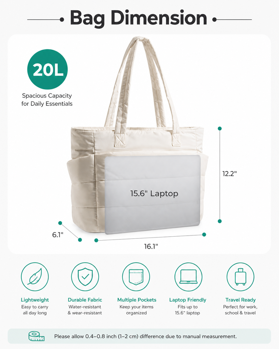 Tressential Puffer Tote Bag for Women-White