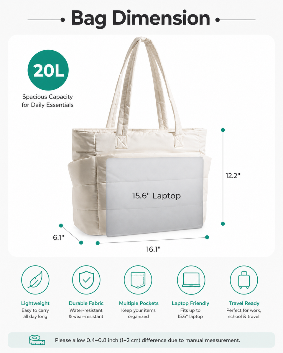 Tressential Puffer Tote Bag for Women-White - Hover Image