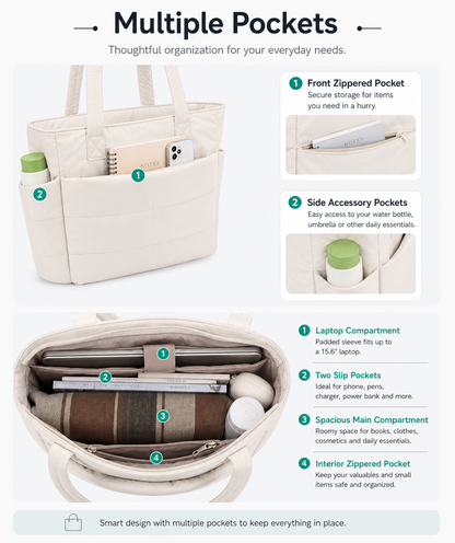 Tressential Puffer Tote Bag for Women-White