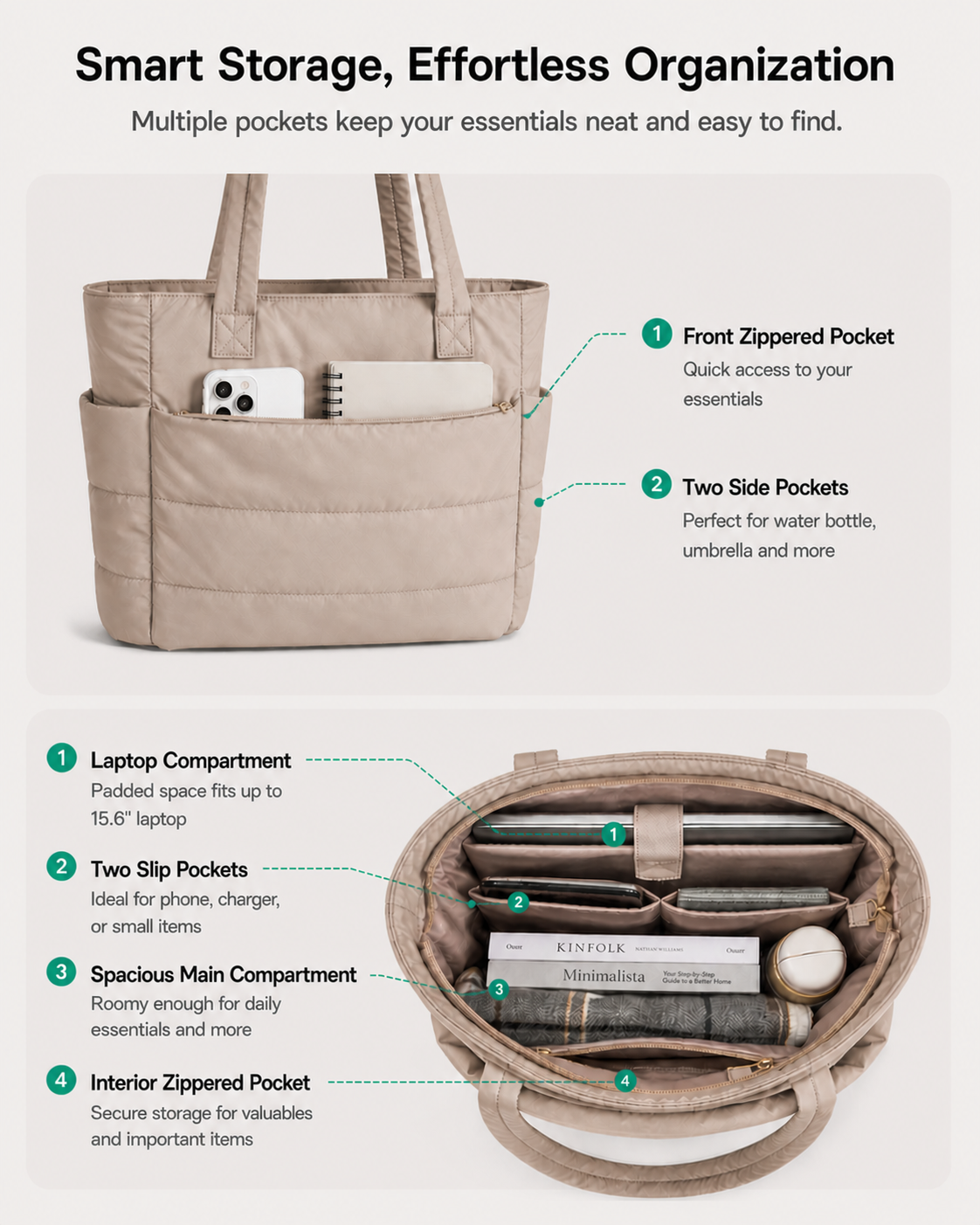 Tressential Puffer Tote Bag for Women-Beige