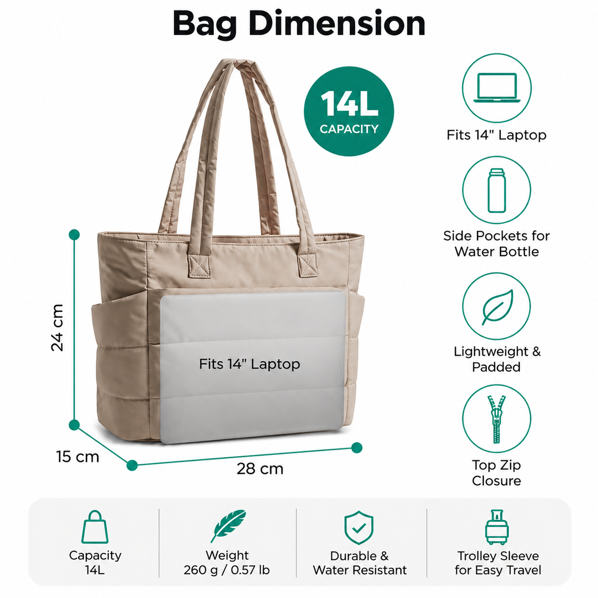 Tressential Puffer Tote Bag for Women, 14L, Beige