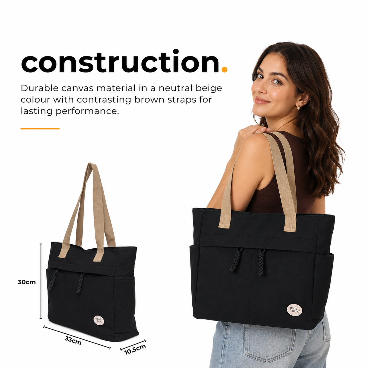 UrbanHandy Canvas Tote Bag For Women-Black - Hover Image